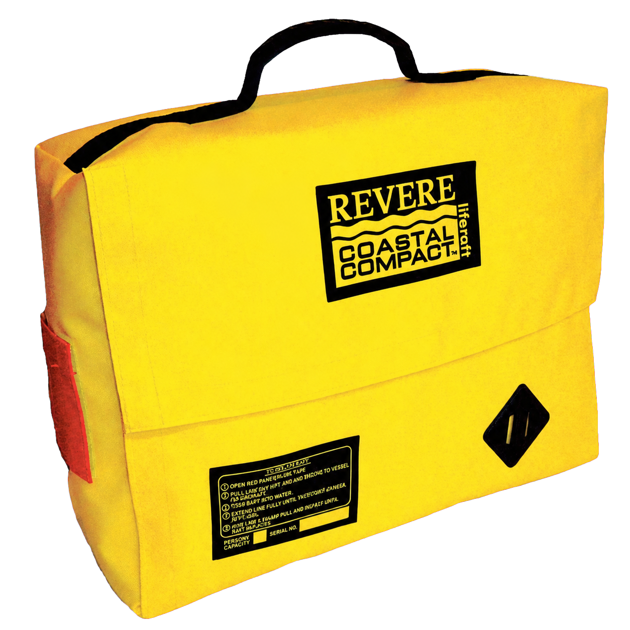 Coastal Compact life raft packed in its yellow carrying valise