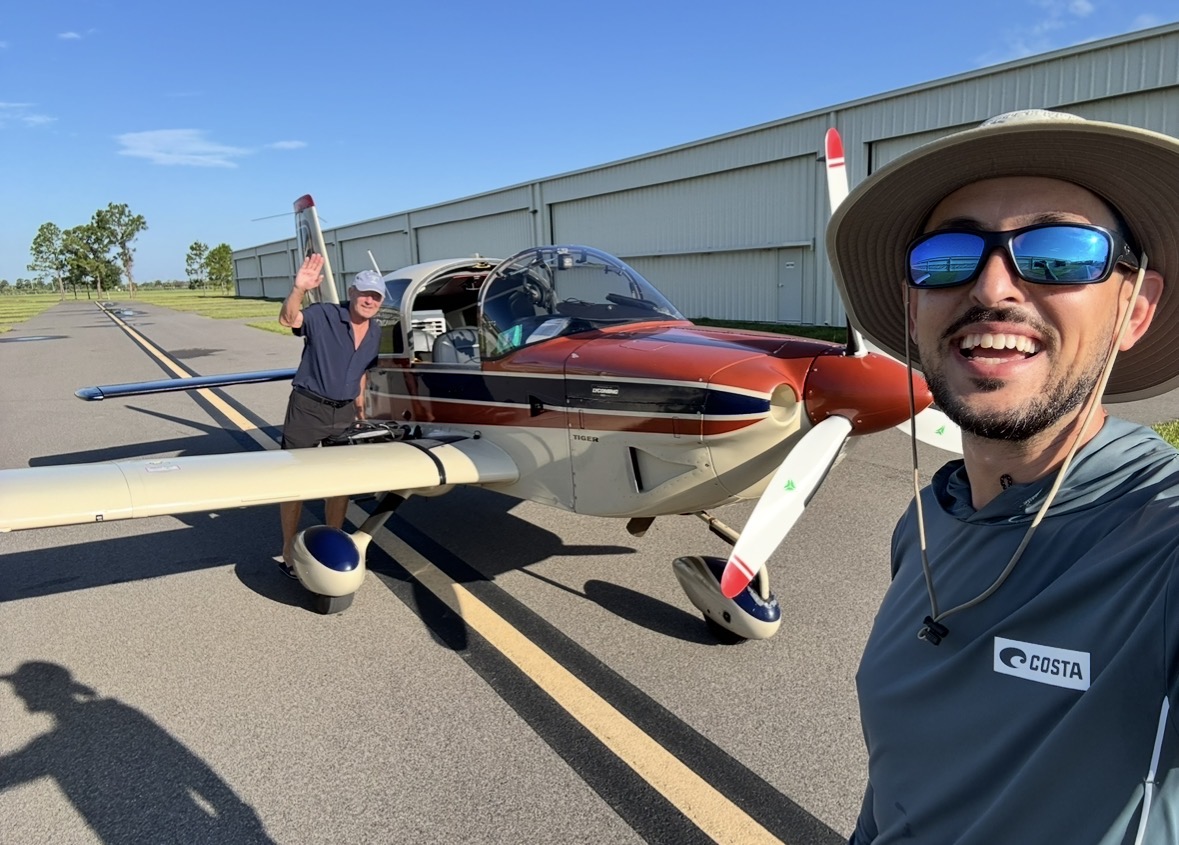 Matias Barbero with his Grumman Tiger at the airport